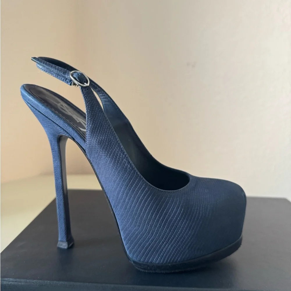Saint Laurent Navy Blue Suede Tribtoo Slingback Heels 105mm - Picture 15 of 15
